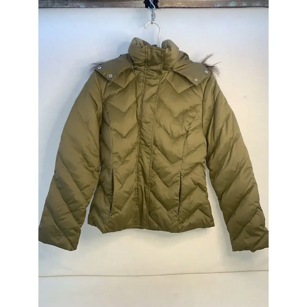 Sz M Nine West Womens Puffer Faux Fur Trim Hood jacket Down Parka Pockets Unworn